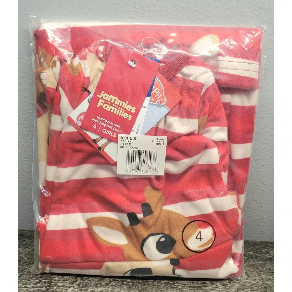 Jammies for Families Rudolph Nightgown w Matching Doll Gown Girls Size 4 NEW